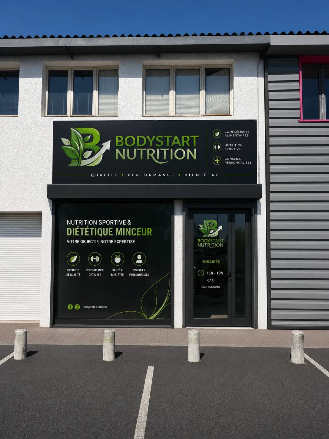Devanture de la boutique BodyStart Nutrition, 8 rue du Pont des Landes à Coignières